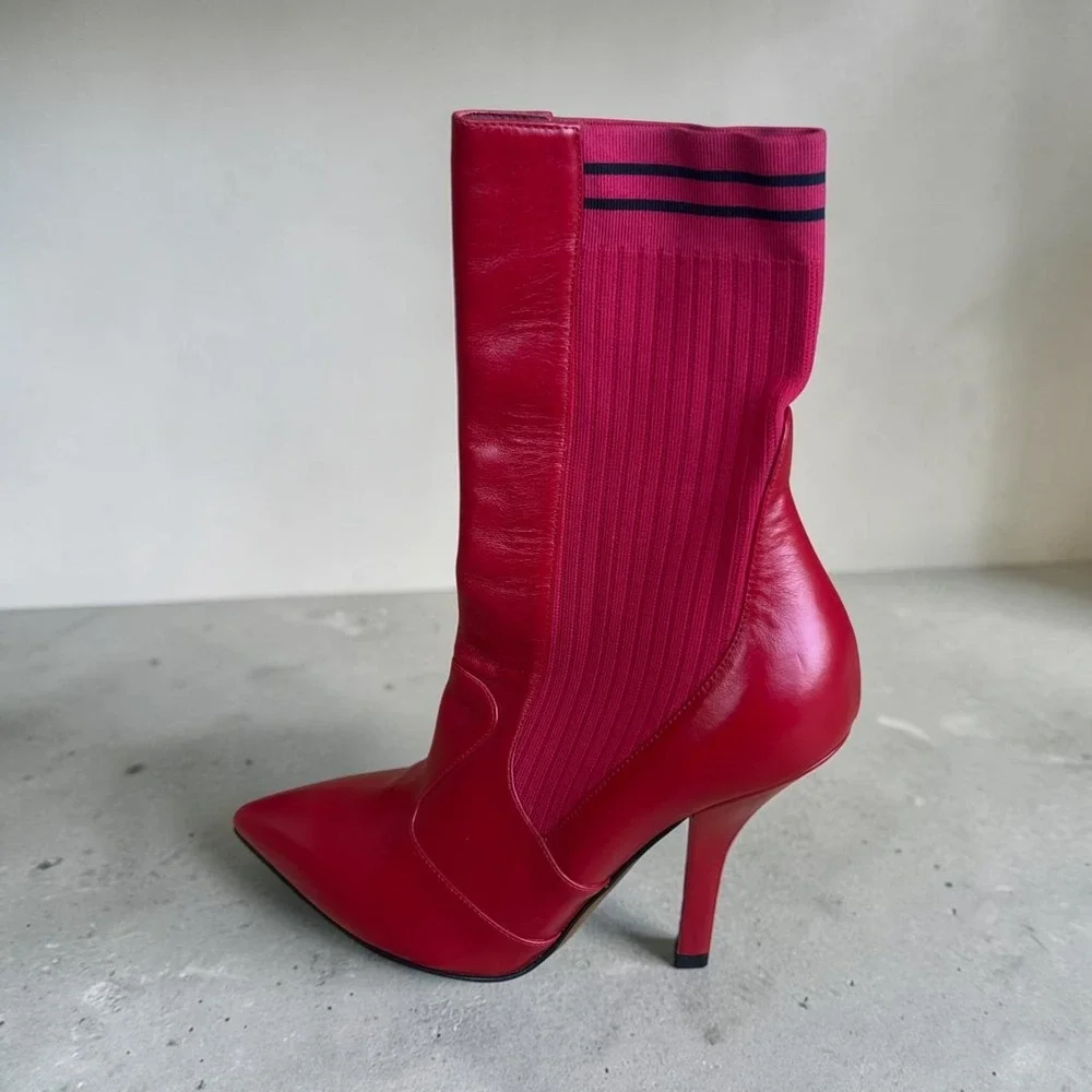 FENDI Rockoko Sock Boots Red Leather Pointed Toe Ankle Heels Italy Size 37 $1000